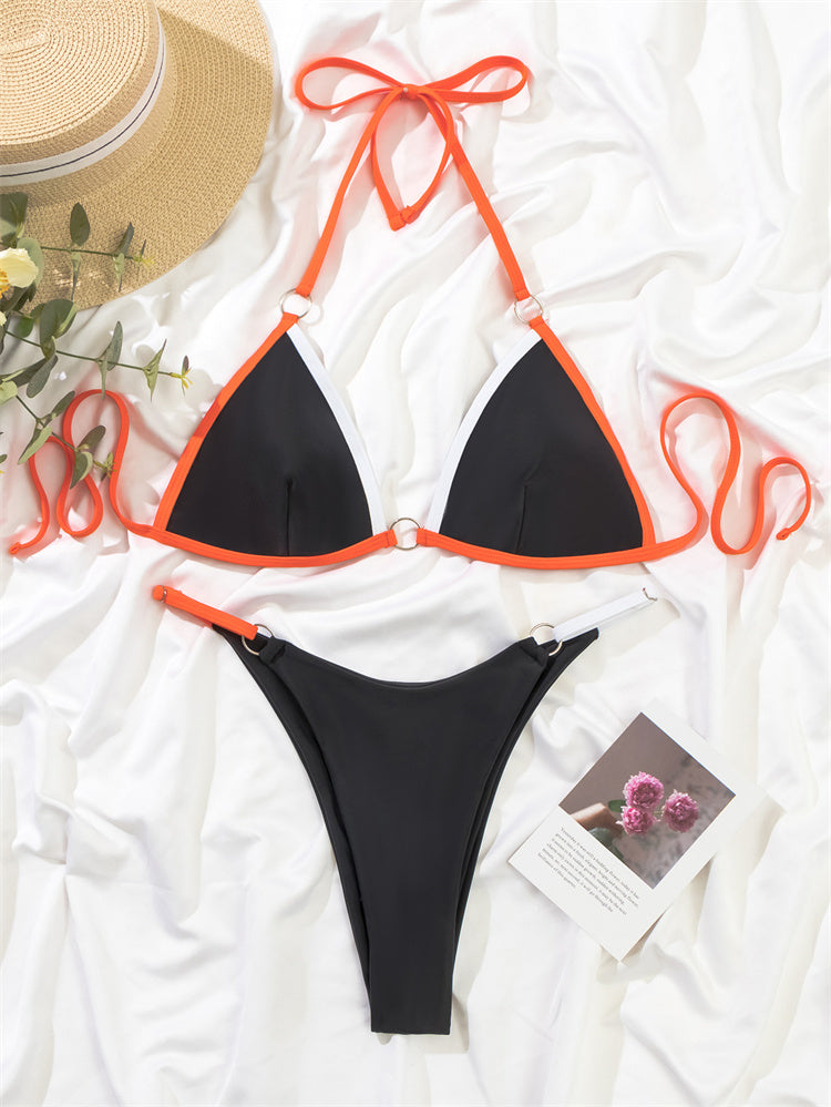 Colorblock Triangle Tie Backless  Swimsuit