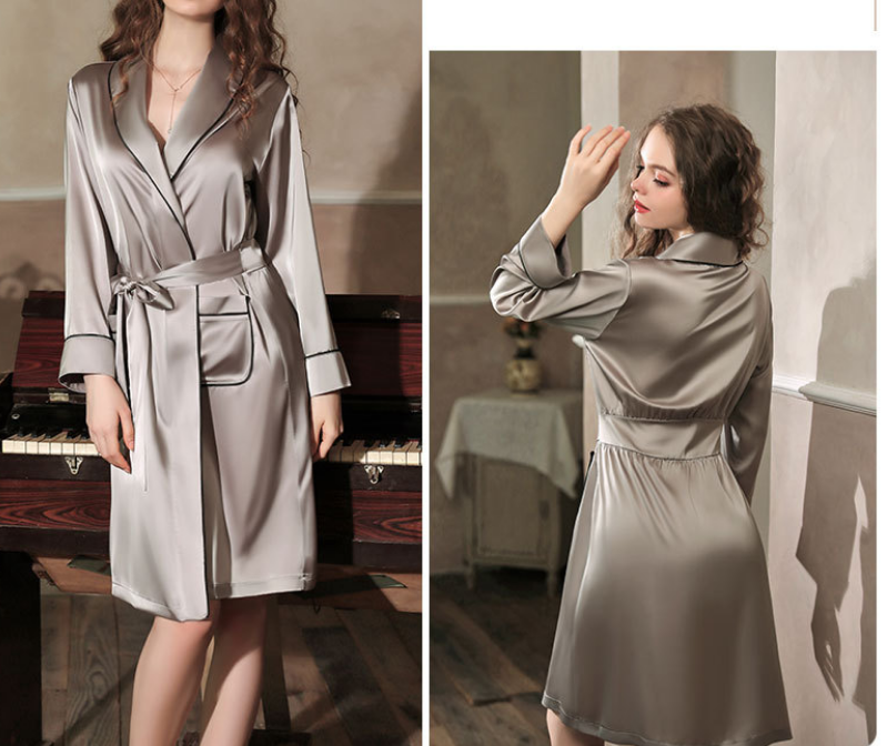 European and American spring and summer home clothes sexy deep V  silk private room medium length robe bathrobe suit (robe + belt)