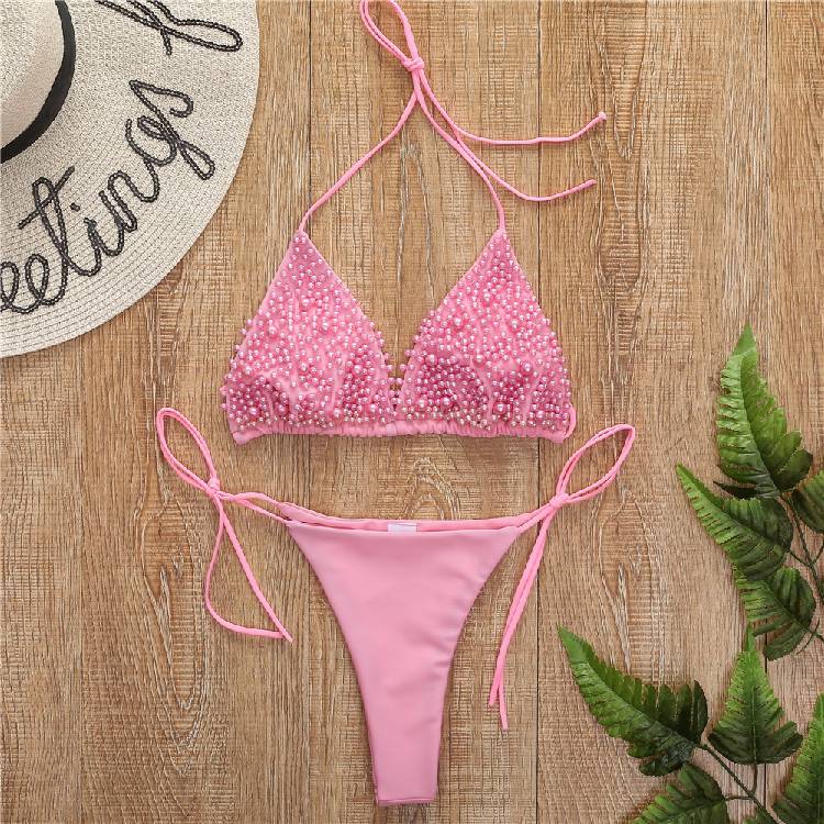 Halter Mini Bikini Female Swimsuit Women Swimwear Two pieces Bikini set Luxury Pearl Bather Bathing Suit Swim Lady