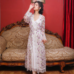 Long sleeved nightgown female spring and autumn cotton suspender nightdress princess household palace style lace dress pajamas printed two-piece set