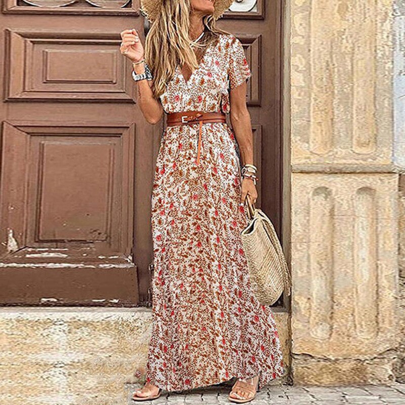 2022 Summer Boho Women's Long Dress V Neck Short Sleeve Floral Printed Beach Dresses Female Elegant Vintage Dress with Belt