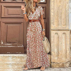 2022 Summer Boho Women's Long Dress V Neck Short Sleeve Floral Printed Beach Dresses Female Elegant Vintage Dress with Belt