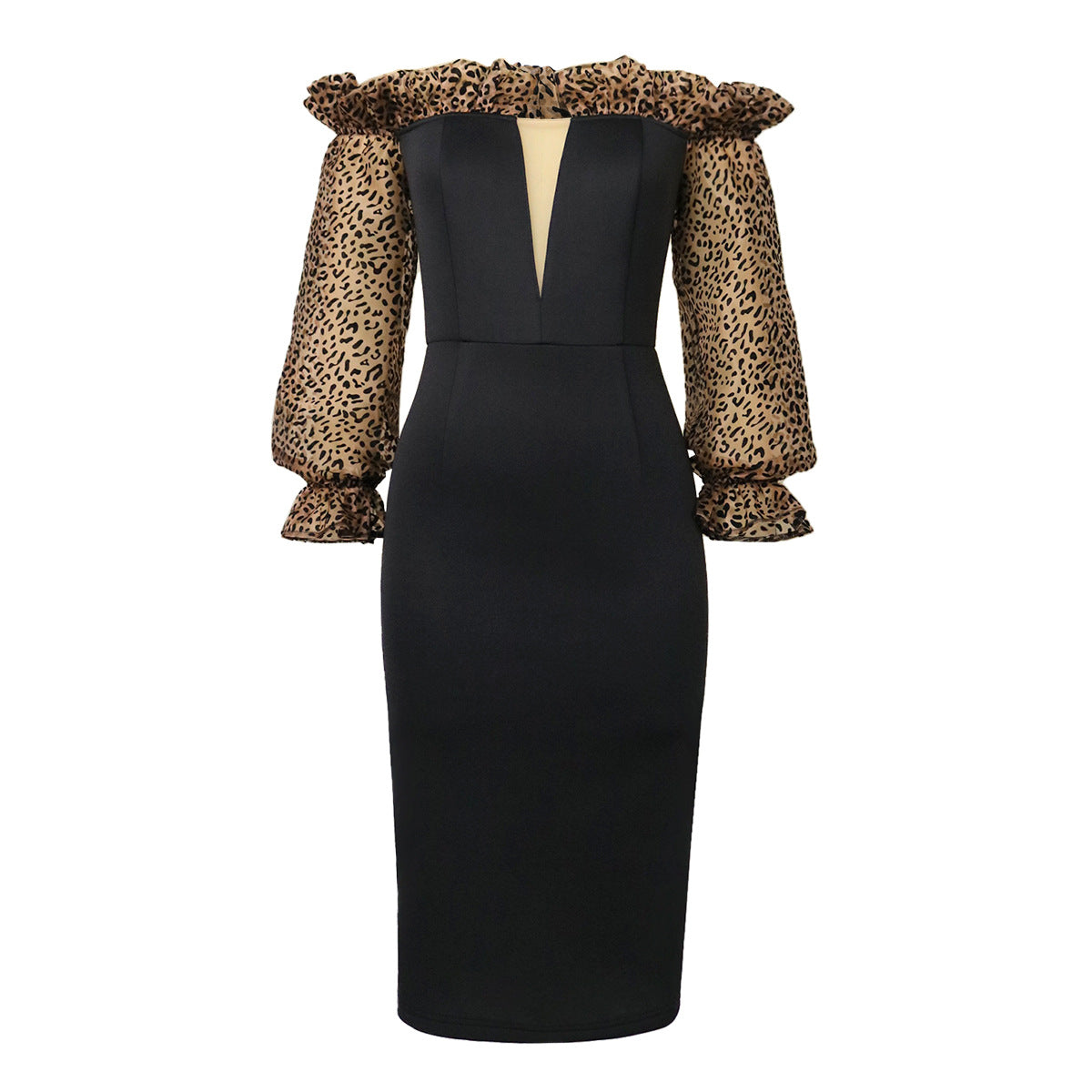 Sexy Off Shoulder Black Dress Deep V Neck Leopard Print Tulle Sleeve Midi Bodycon Robe Elegant Cocktail Evening Party Spring New