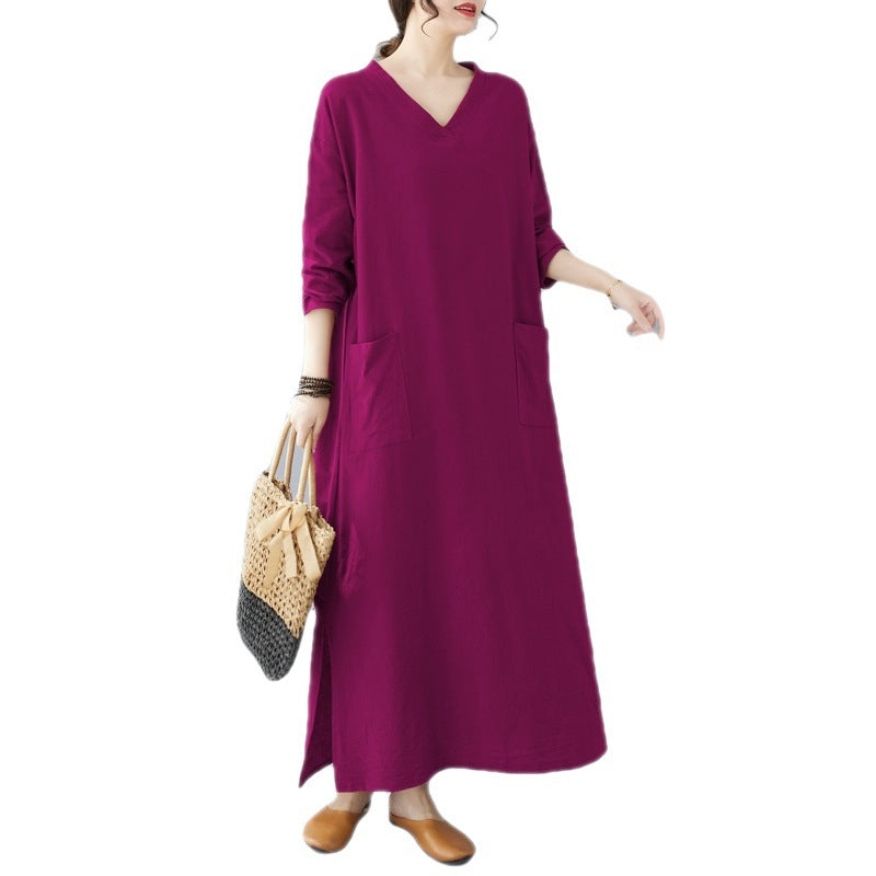 Plus-size women's clothing 2023 new fat MM retro cotton and linen V-neck plus fertilizer and enlarged  long-sleeved dress