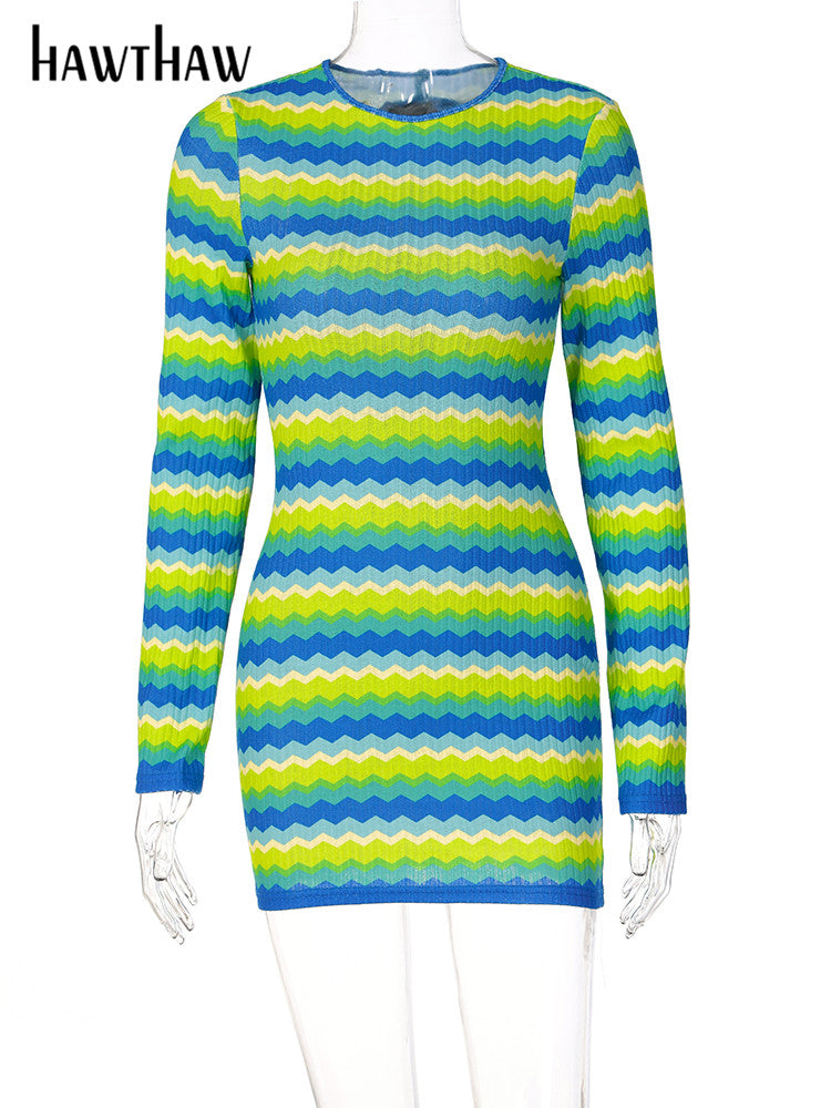 Women Long Sleeve Striped Beach Vacation Bodycon Mini Dress Streetwear