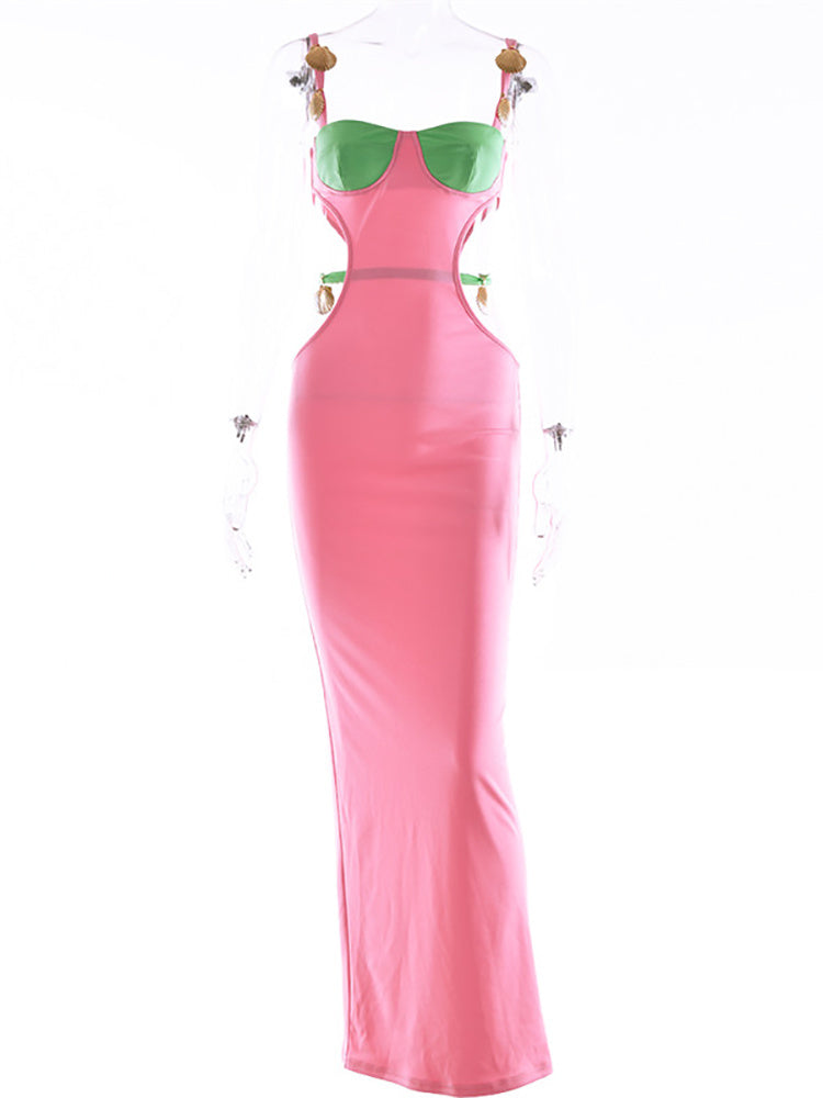 Mozision Elegant Patchwork Hollow Out Maxi Dress For Women Robe Fashion New Sleeveless Backless Bodycon Party Long Dress Vestido