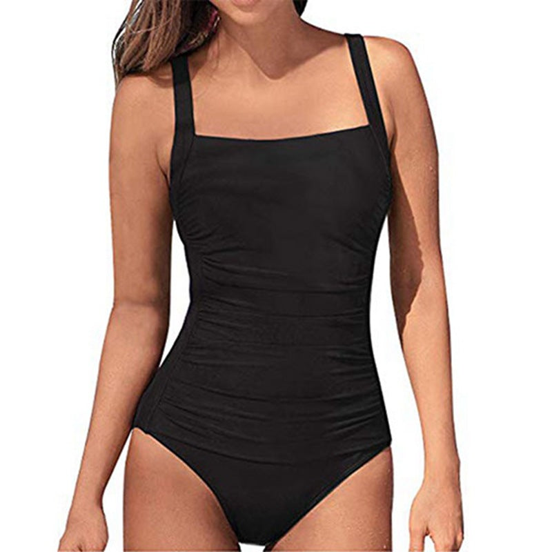 Explosive European and American sexy solid color pleated ladies one-piece swimsuit