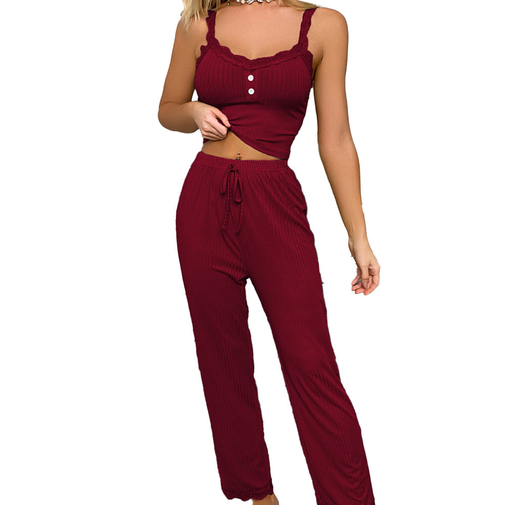 Casual pajamas women's summer lace lace suspenders trousers sexy hot girl European and American ladies home clothes two-piece set