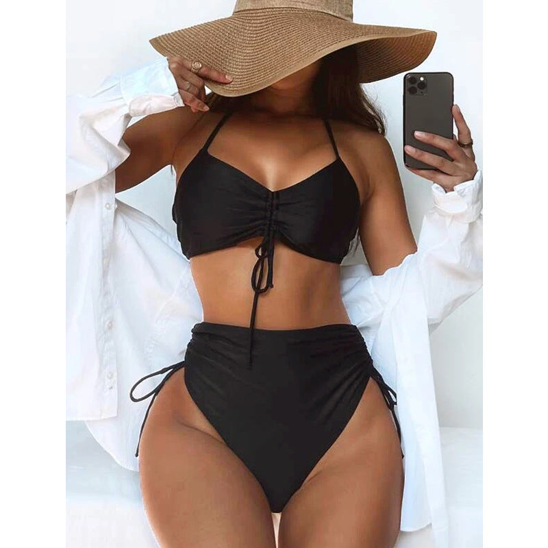 Bikini swimsuit 2023 new female split swimsuit solid color sexy shirring bikini