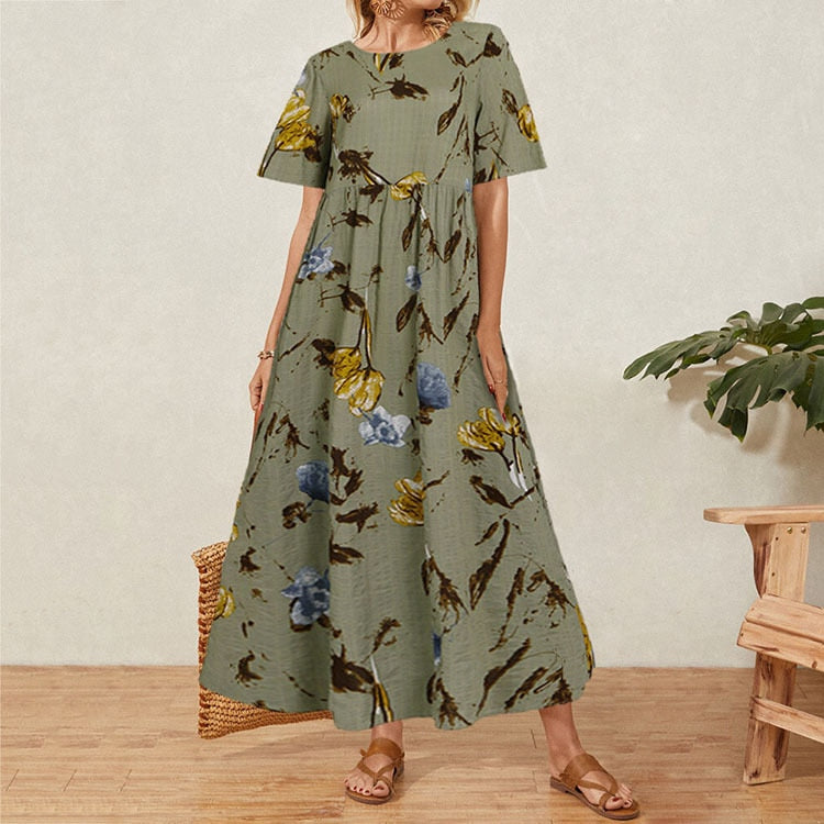 2022 Vintage Cotton Linen Floral Print Short Sleeve Crew Neck Dress