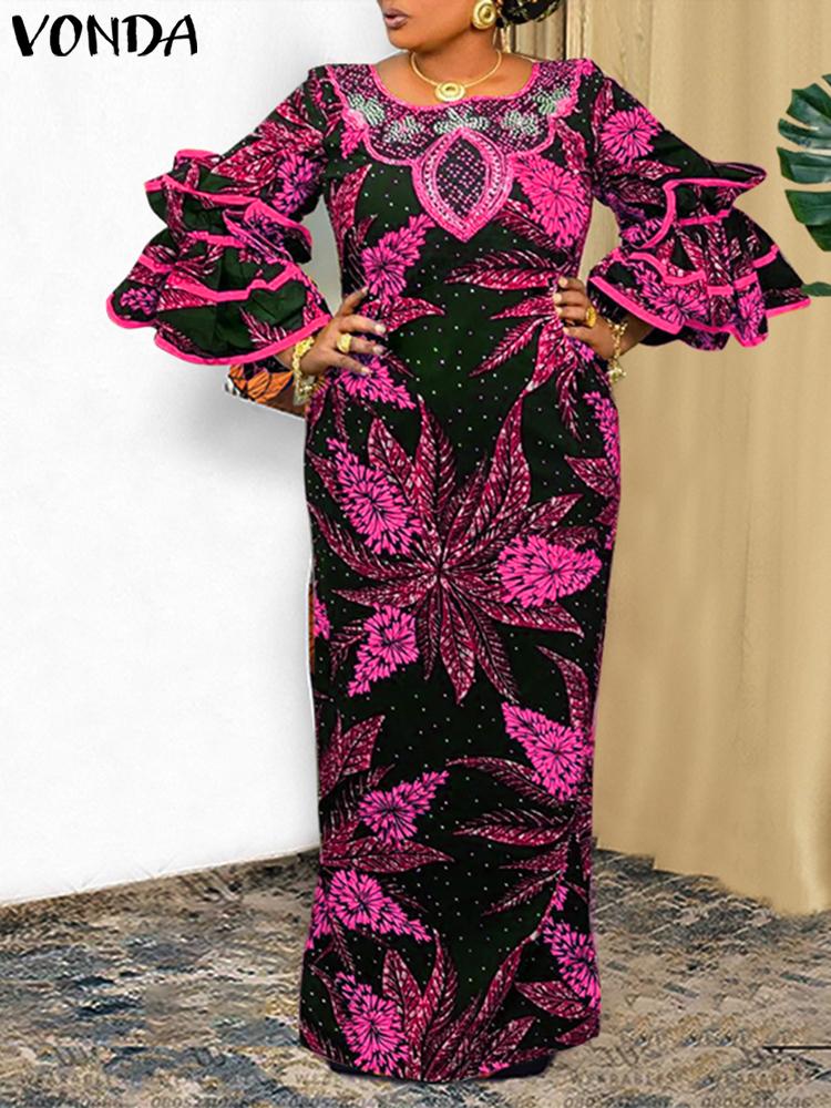 فوندا فساتين نسائية بوهو كلاسيكية مطبوعة بنمط عشوائي فساتين طويلة طويلة مكشكشة غير رسمية فضفاضة ورقبة دائرية وأكمام طويلة مرقعة