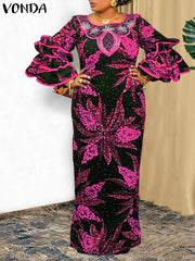 فوندا فساتين نسائية بوهو كلاسيكية مطبوعة بنمط عشوائي فساتين طويلة طويلة مكشكشة غير رسمية فضفاضة ورقبة دائرية وأكمام طويلة مرقعة