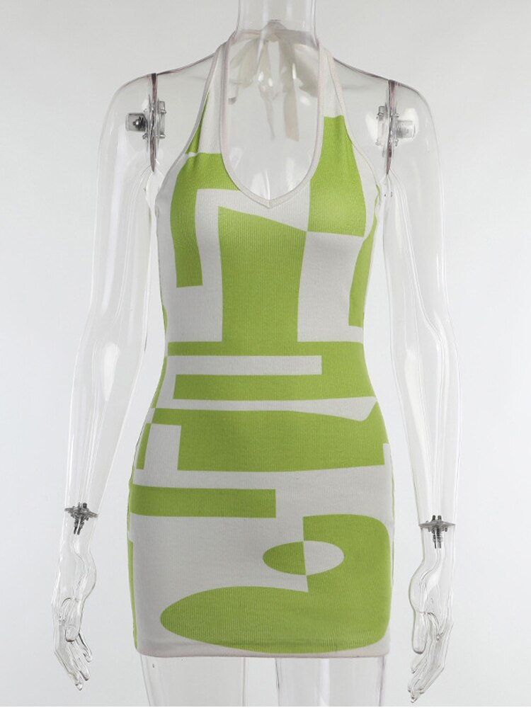 Geometric Print Halter Bodycon Dress Sexy V-Neck Backless Mini Dress Fashion Knitted Short Summer Dress Women 2022