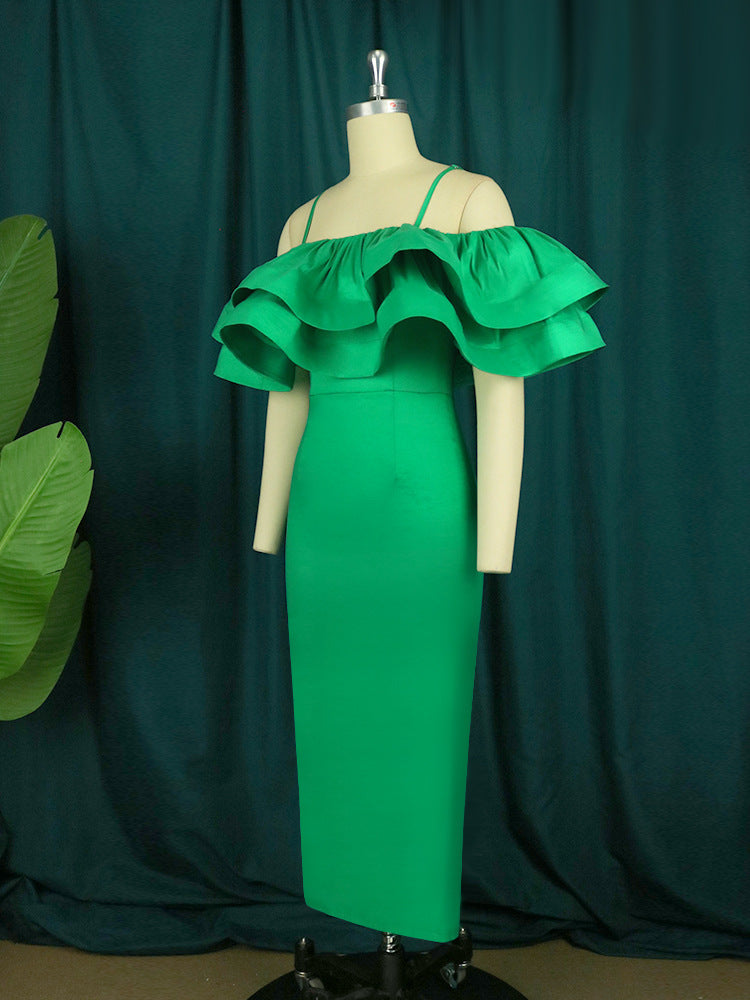 Women Rose Sexy Party Dress Ruffles Shiny Bodycon Sheath Spaghetti Strap Birthday Christmas Off Shoulder Prom Gown Celebrate New