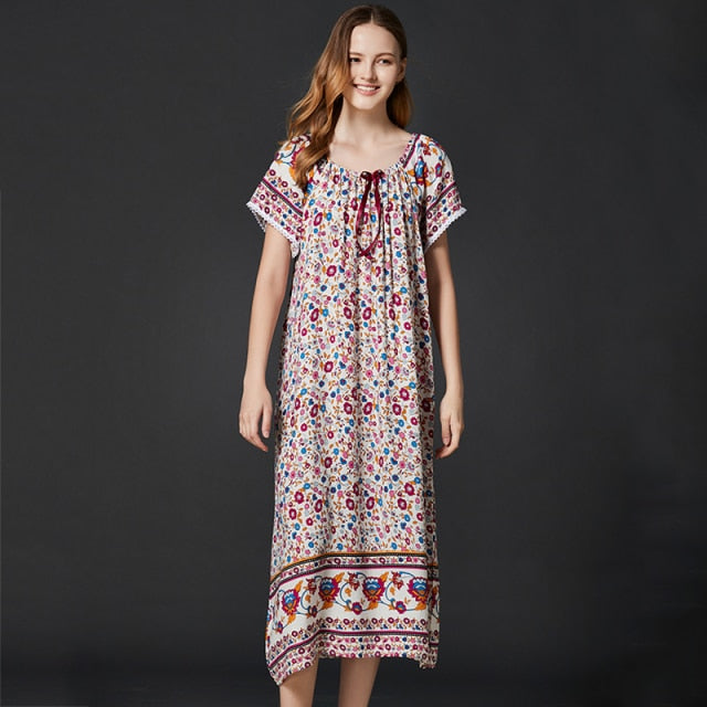 Summer Cotton Nightdress Women Korea Style Elastic Collar Short Sleeve  Long Dresses Nightgown Sleepwear Homewear Female