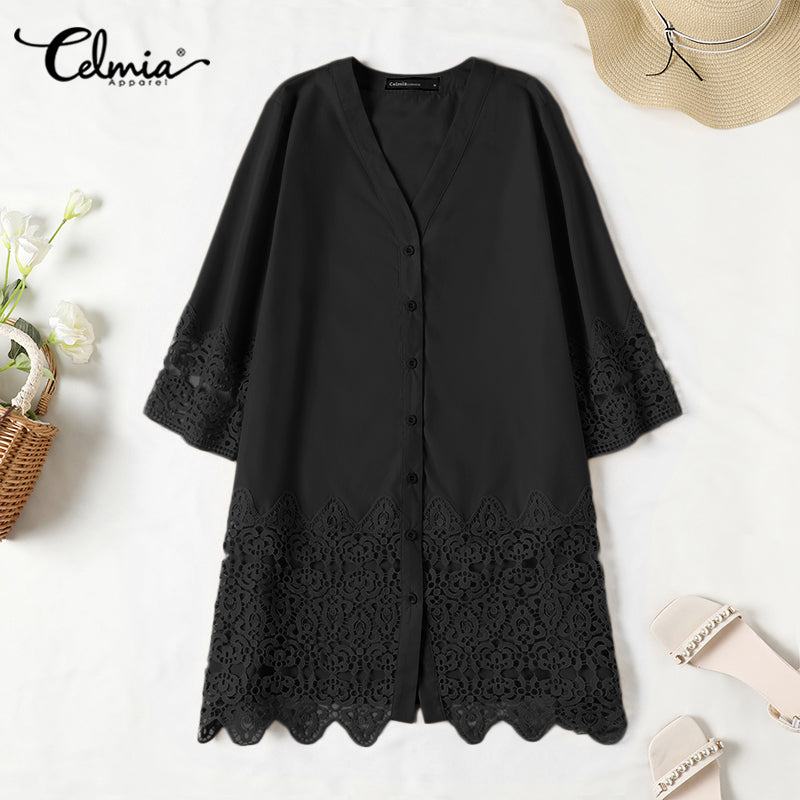 Celmia Elegant Dresses For Women 2022 Solid V Neck Long Sleeve Spliced Lace A-Line Vestidos Bohemian Party Casual Summer Plus Size Short Dresses