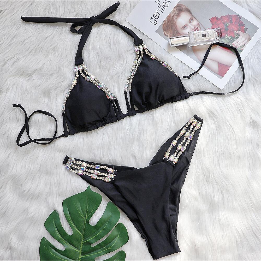New European and American hot style solid color Bikini metal diamond chain strap swimsuit ladies split swimsuit