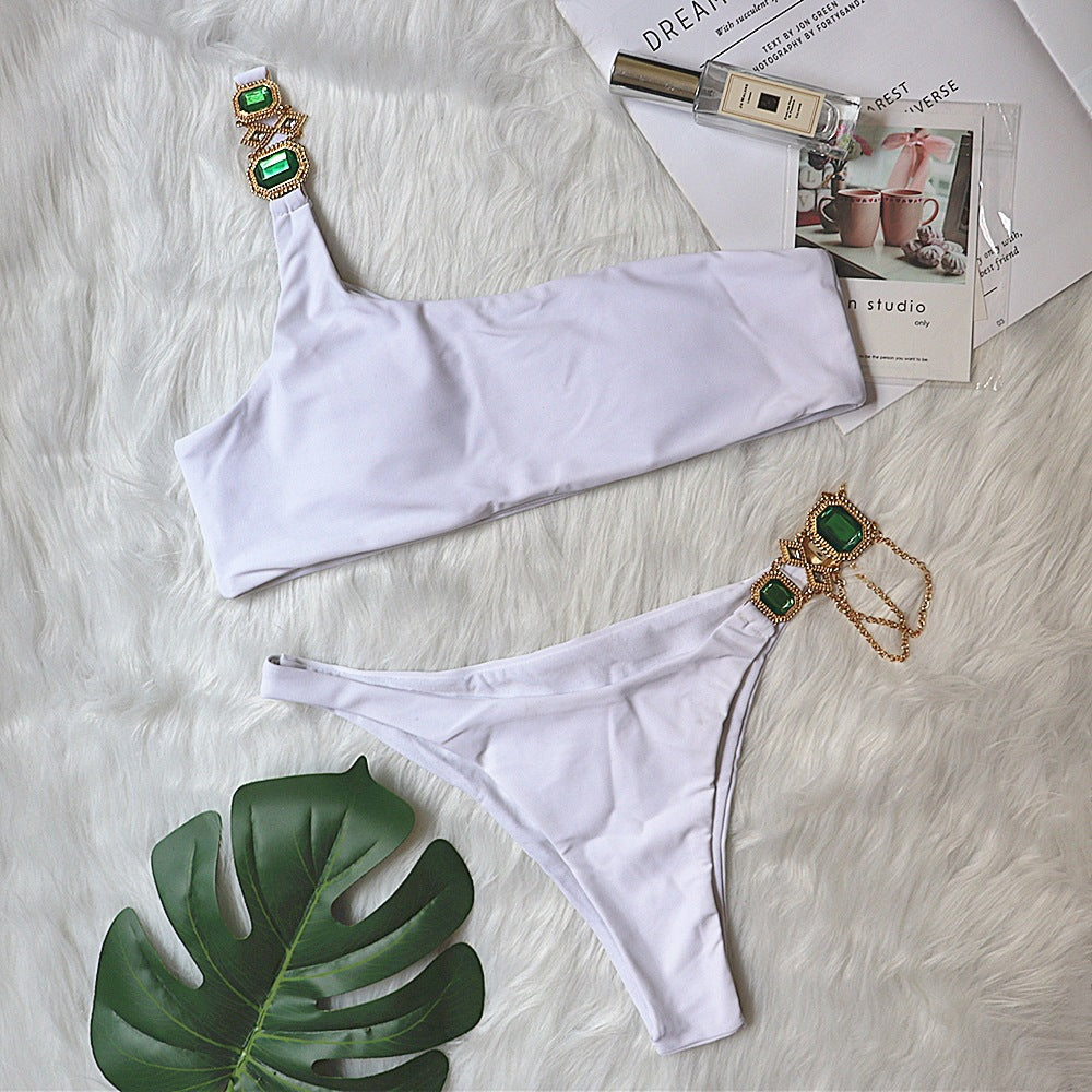 New Swimsuit Crystal Chain Female Split Swimsuit Plain One Shoulder Sexy Bikini