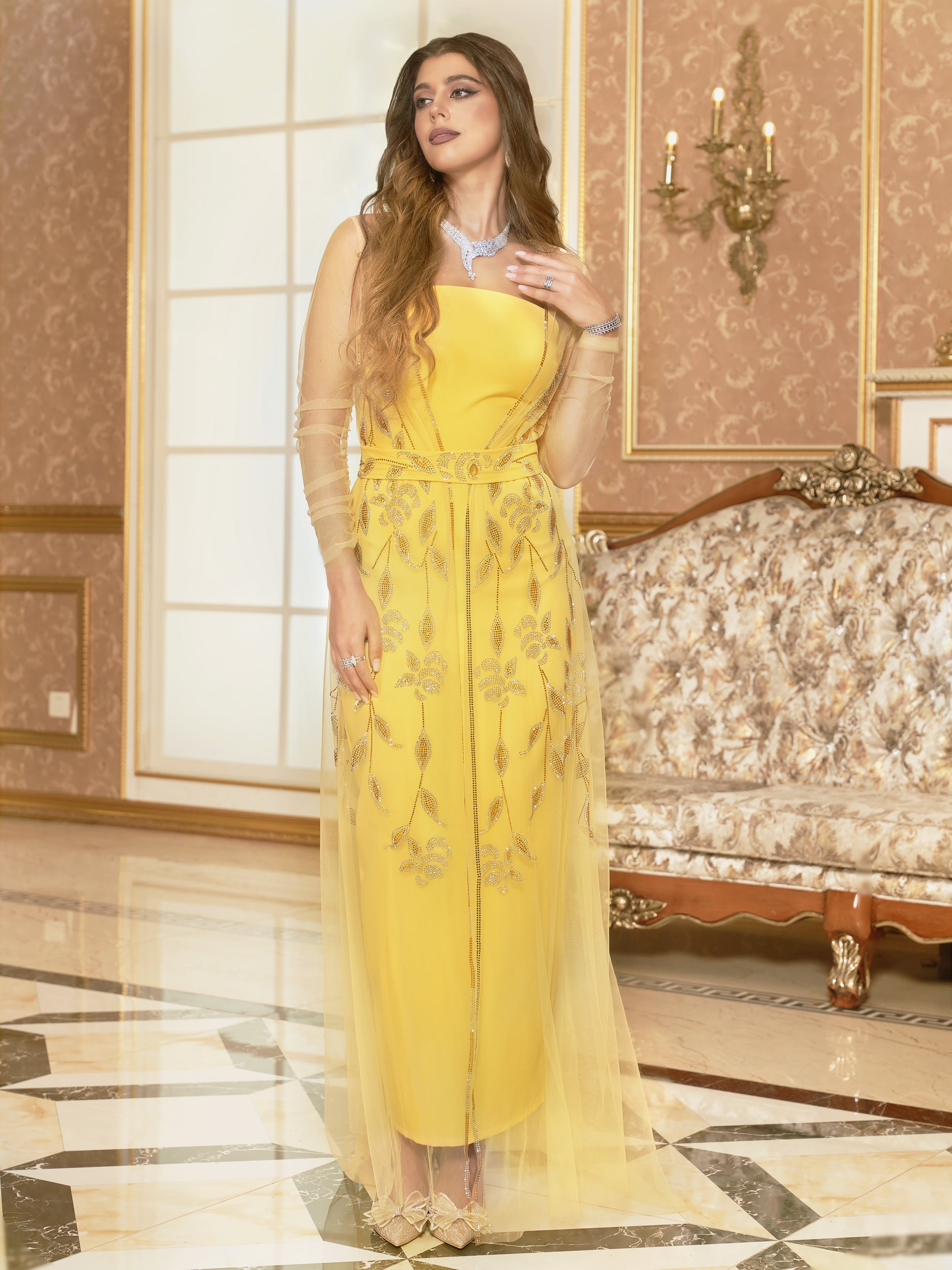 Yellow hot diamond mesh suit dress skirt