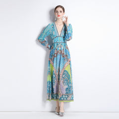 2184  shot 2023 early spring vacation style temperament design collar print long sleeve waist waist dress