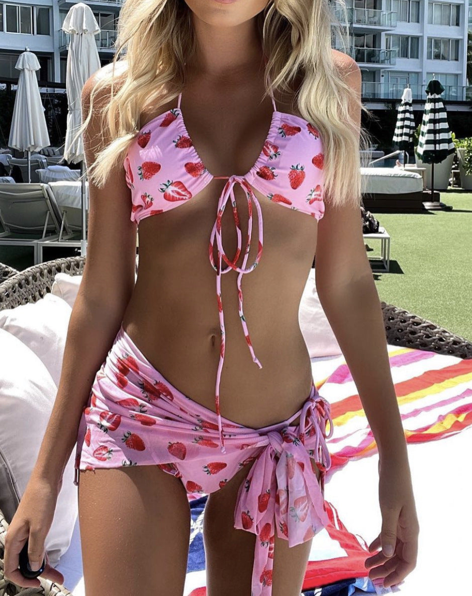 202ins AliExpress three-piece mesh fresh girl drawstring strap swimsuit bikini