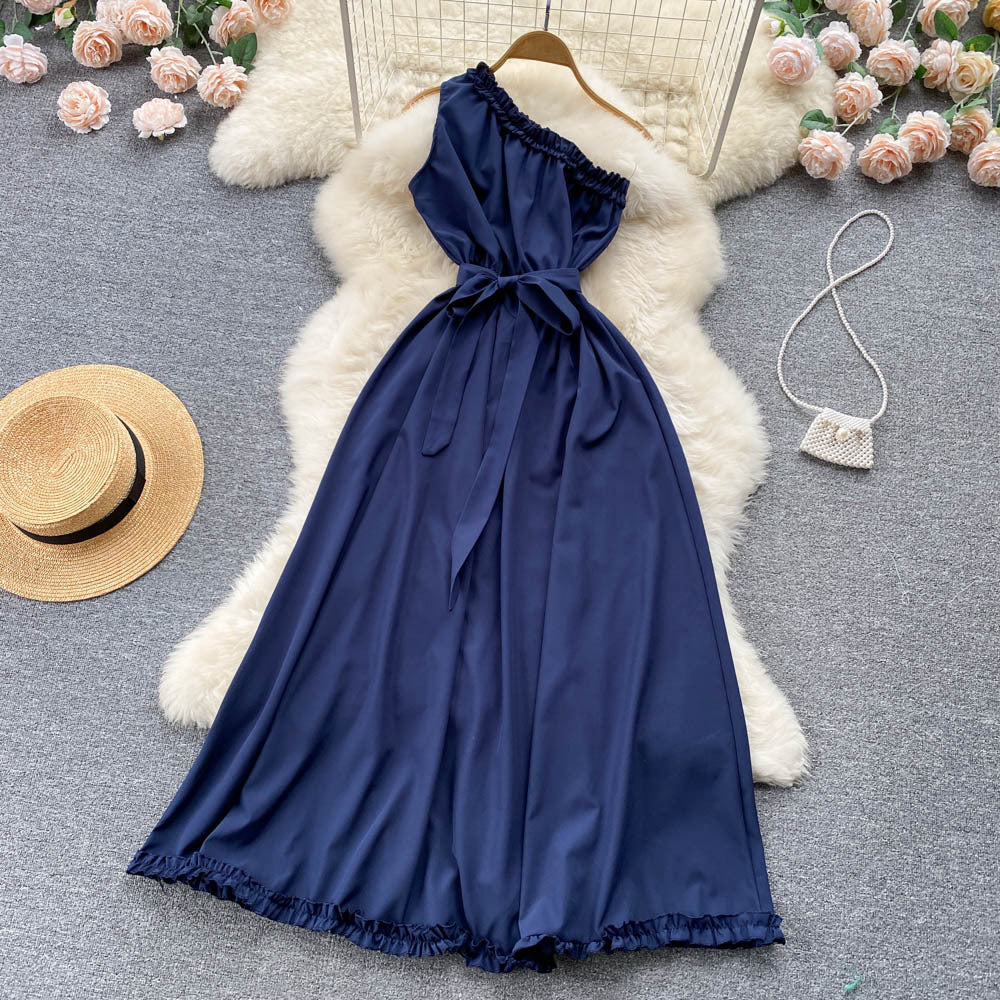 Light mature off shoulder sleeveless dress lace up waist slim long dress banquet dress