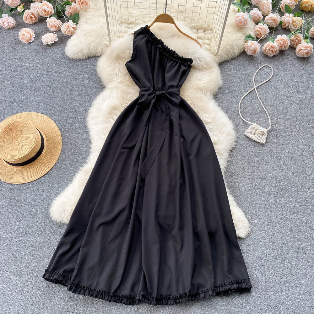 Light mature off shoulder sleeveless dress lace up waist slim long dress banquet dress