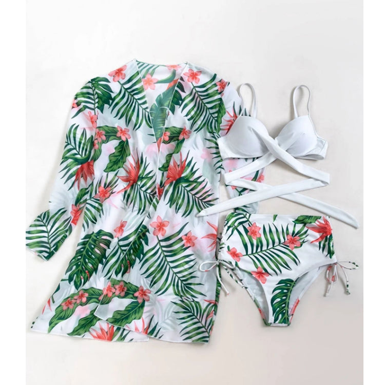 Three-piece mesh high-waist printing sexy gathered split swimsuit bikini
