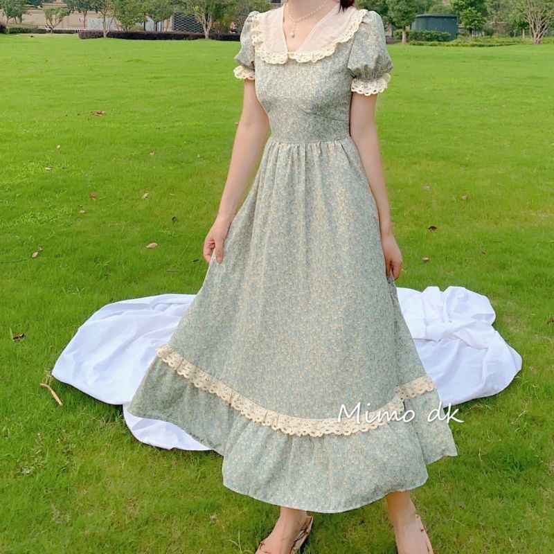 فستان أنيق متوسط ​​الطول بنقشة الزهور للسيدات فستان فرنسي غير رسمي 70s بطباعة نحيفة دانتيل من طابق واحد للشاطئ بوهو 3-3