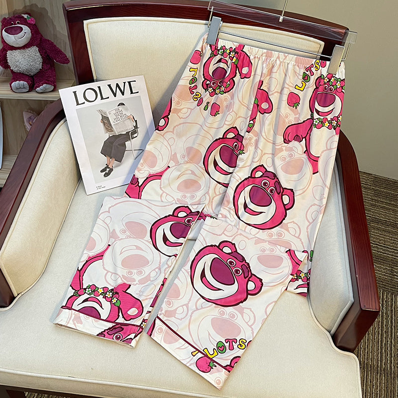 Spring and autumn long-sleeved pajamas female cardigan suit strawberry bear  milk silk home service