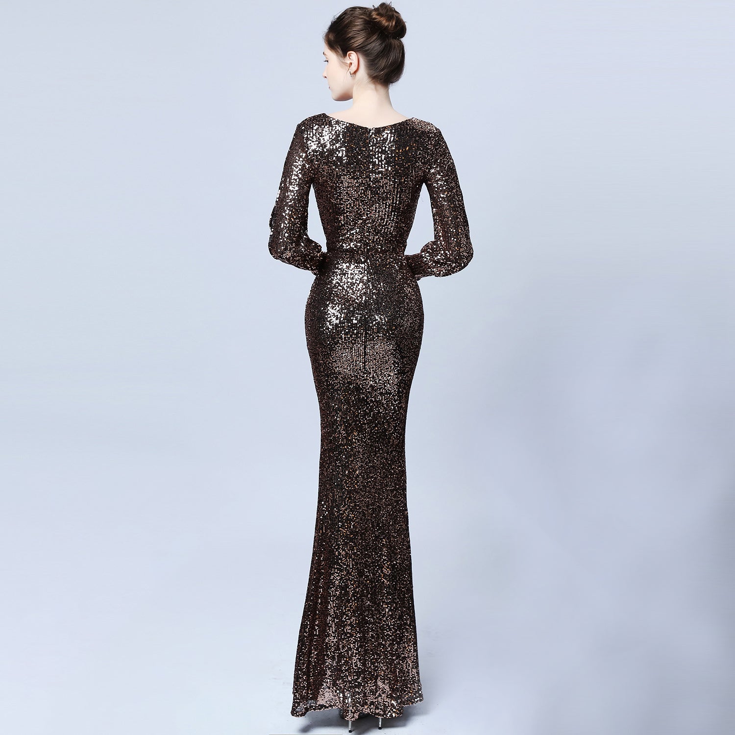 Ladies Fashion Sexy Slim Fit V-neck Sequined Long Sleeve Evening Dress