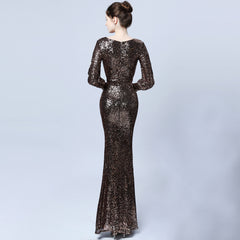Ladies Fashion Sexy Slim Fit V-neck Sequined Long Sleeve Evening Dress