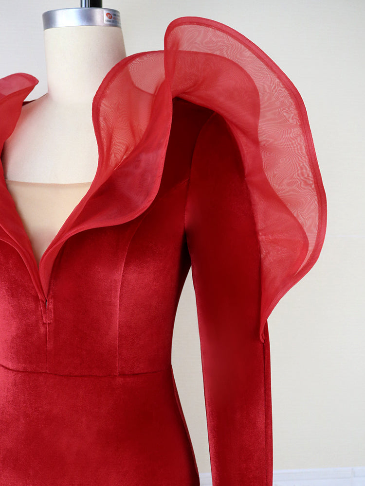 AOMEI Velvet Dress Women Red Christmas Evening Party Deep V Neck Ruffles Long Sleeve High Waist Bodycon Cocktail Event Gowns