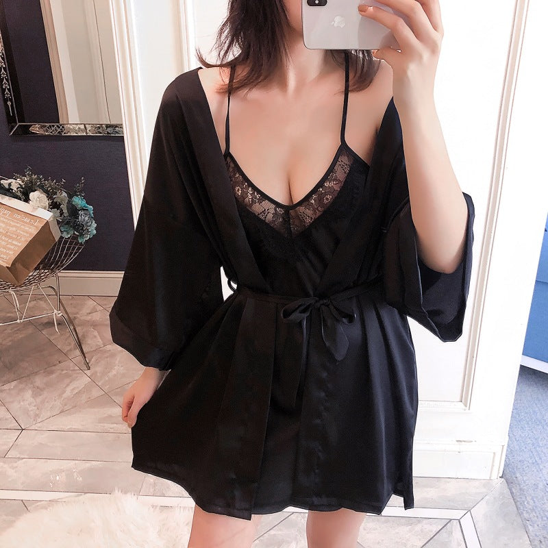 women sexy pijamas 2020 new elegant strap nightdress thin nightgown two-piece Set Nightdress and Sleepwear Robes summer ice silk sleepwear