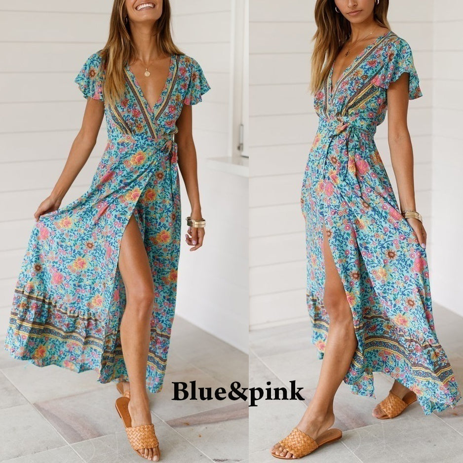 Women's Summer Flower Dress Short Sleeve Boho Maxi Dress Printed Flower Dress Maxi Beach Dress