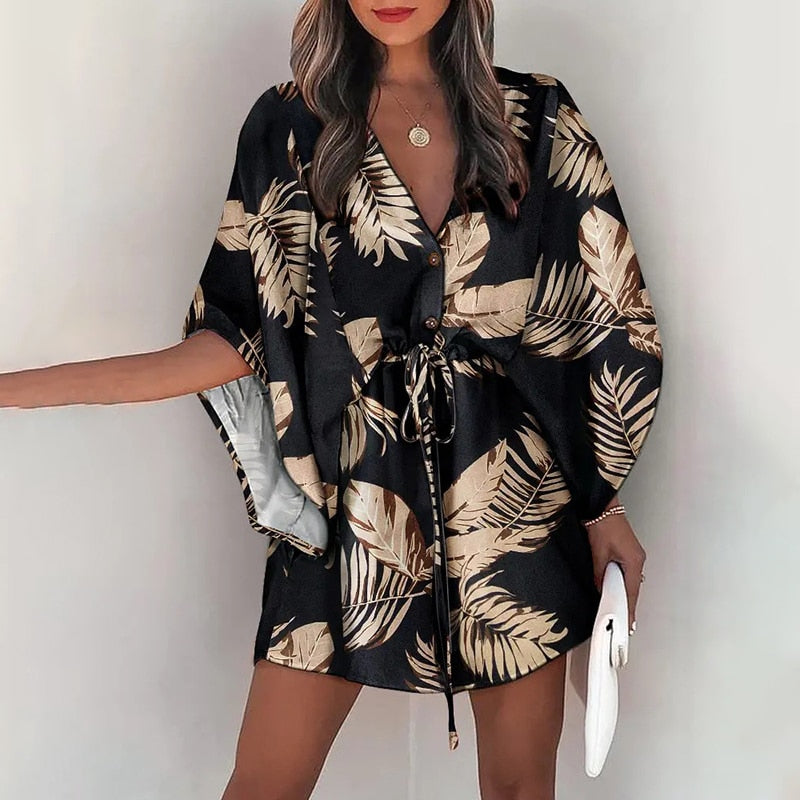 Fashion Batwing Sleeve Print Lace Up Mini Dress for Women Sexy V-Neck Casual Loose Boho Holiday Short Dresses Woman 2022 Summer