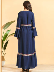 9492 Plus Size Women Lace Flared Long Sleeve Pleated Boho Dress Fashion Robe
