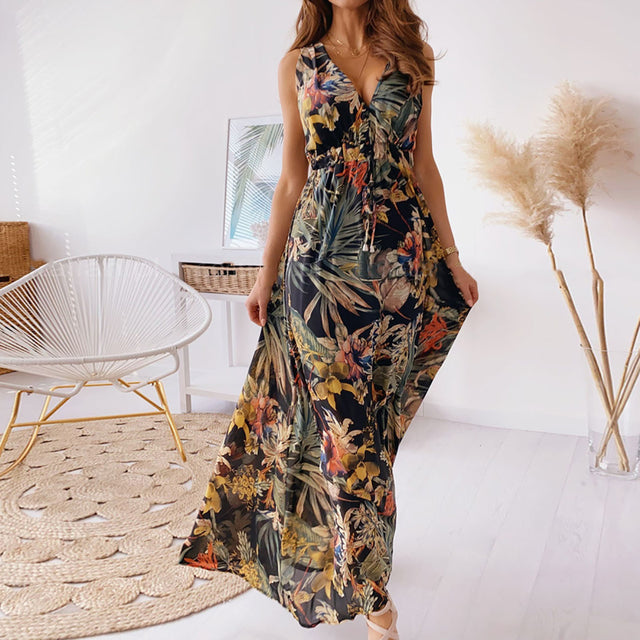 Women's Deep V Neck Printed Maxi Dress Retro Boho Ties Backless A-Line Maxi Dress Sexy Sleeveless Beach Party Dress Tank Top