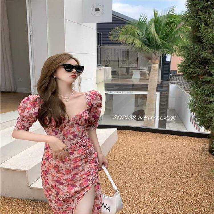 فستان للنساء 2021 فستان شيفون صيفي منقوش عليه زهور سبليت بوهو بيتش وردي فستان طويل مثير 3318 # 