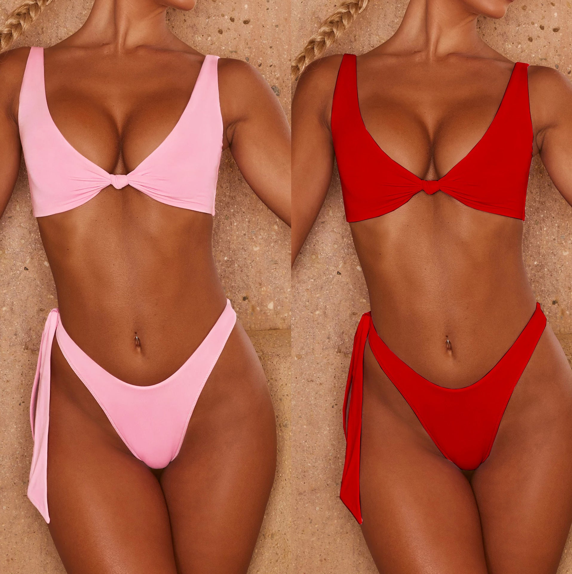 Ladies Solid Color Bandage Split Swimsuit Sexy Bikini