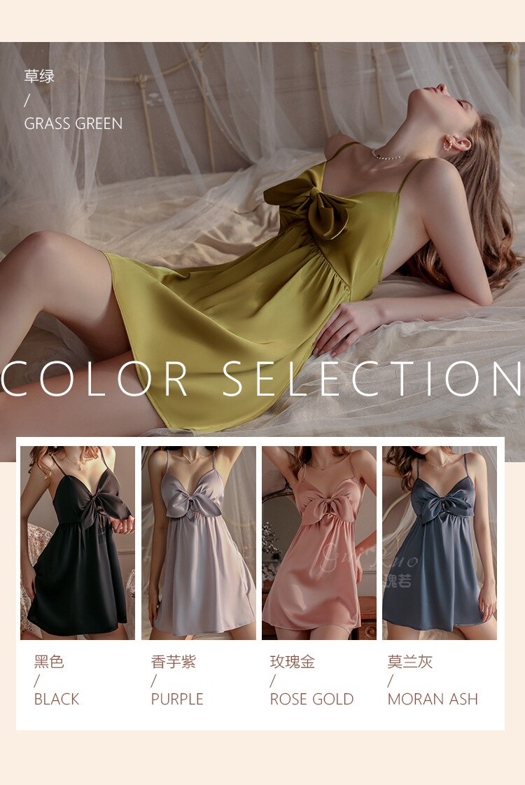 Women's Sexy Nightgown Satin Lace-up Bow Sweet Comfortable Nightdress Solid Color Suspender Dress Summer Ladies` Sleepwear