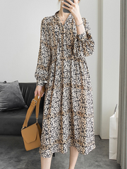 جديد وصول موضة الربيع ميدي فستان الشاطئ المرأة OL مزاجه طباعة الأزهار الخامس الرقبة فانوس كم عطلة بوهو فستان من الشيفون 