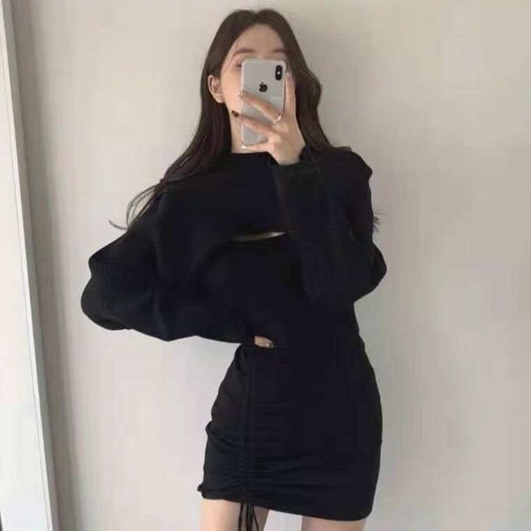 مجموعة فستان نسائي قصير مطوي بدون أكمام مع كيب Bodycon 2022 كامل الزي سترة الهانبوك