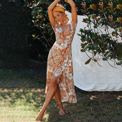 Amazon spring and summer new women's retro print Boho V-neck short-sleeved stitching irregular dress