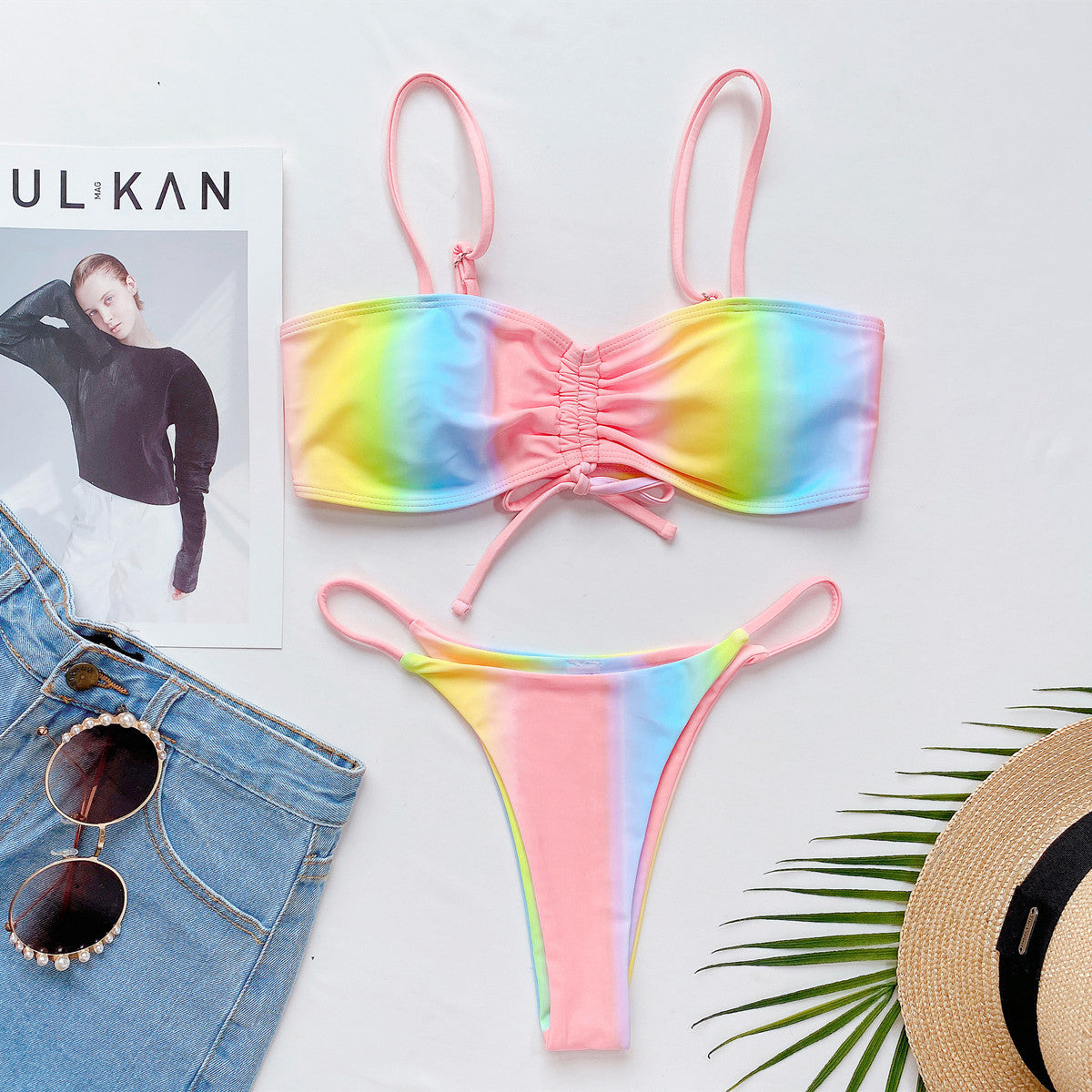 Ladies split swimsuit contrast color tie-dye