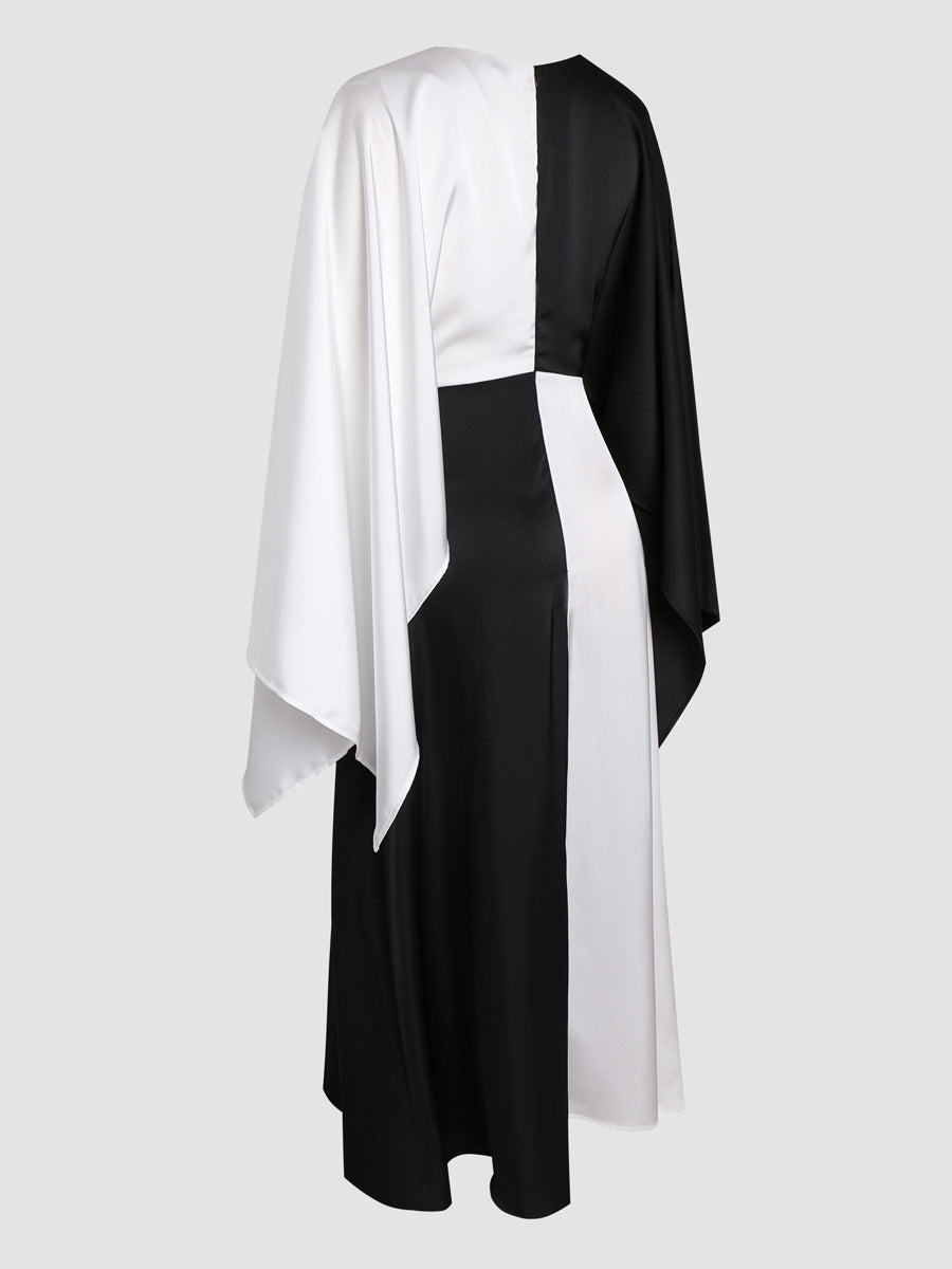 Elegant satin dress with black and white contrast stitching