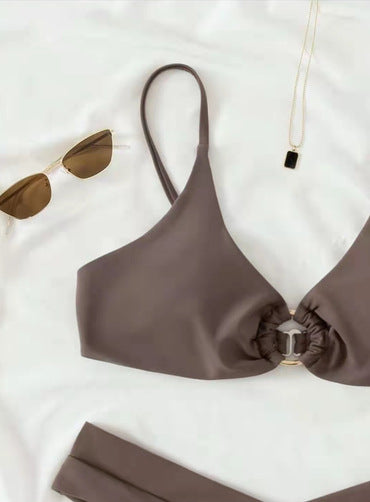 European and American hot style split solid color bikini high waist gather small  women's swimsuit