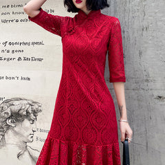 Ladies Short Mid Sleeve Lace Retro Cheongsam Dress LX269