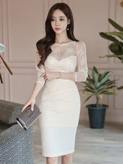 Fashion Elegant Women Midi Dress Sexy Lace Sheer O-Neck Long Sleeve Folds Bodycon Skinny Slim Club Lady Robe Femme Mujer Vestido