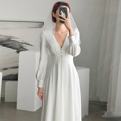 French light wedding dress new autumn long-sleeved  temperament catwalk evening dress photo studio photography dress travel photo light wedding d